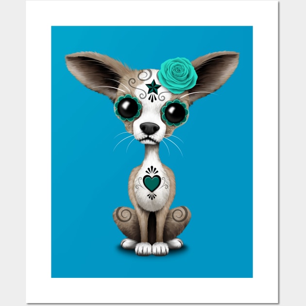 Teal Blue Day of the Dead Sugar Skull Chihuahua Puppy Wall Art by jeffbartels